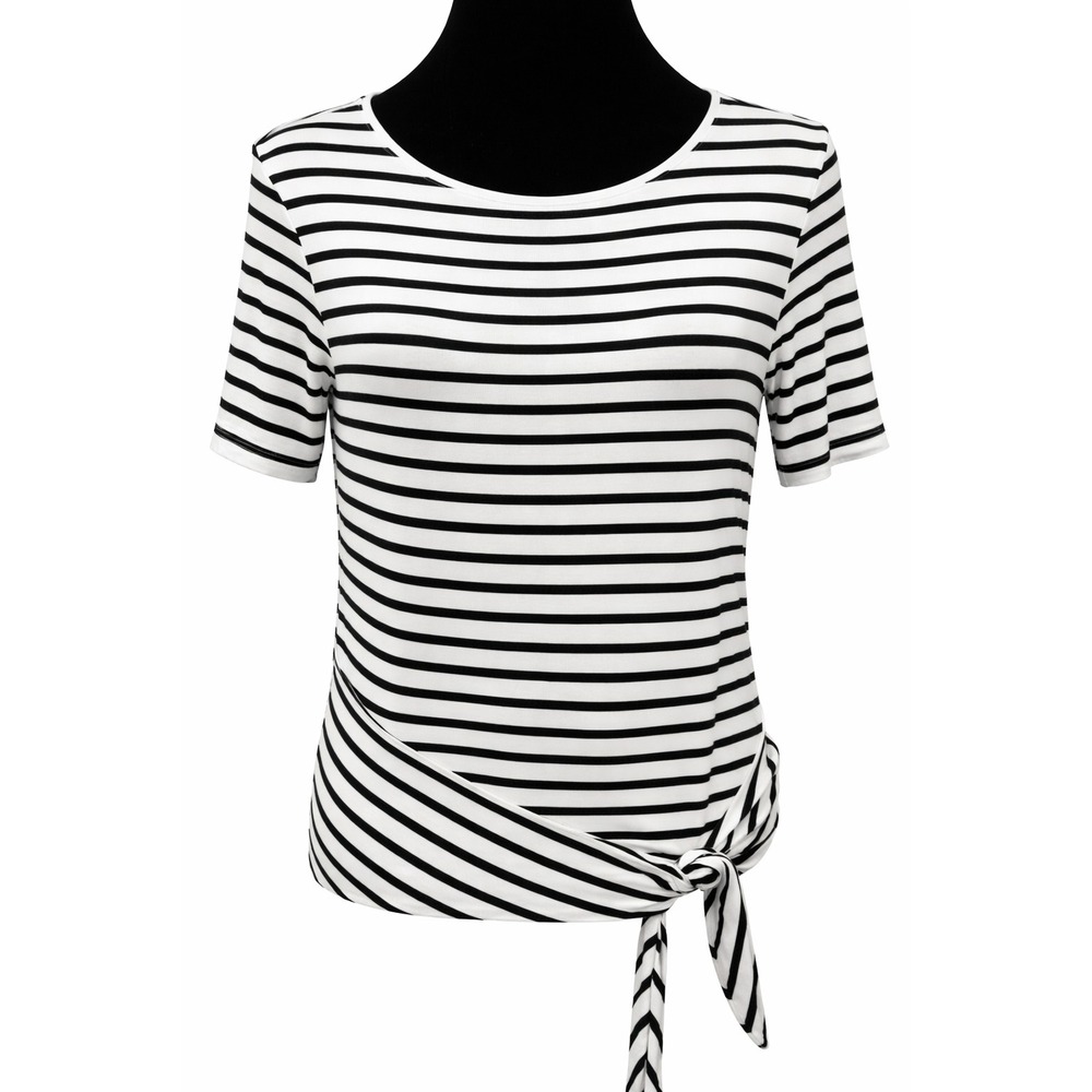 Chico's Womens Short‎ Sleeve Front Tie Top Size 0 White Black Stripe Stretch